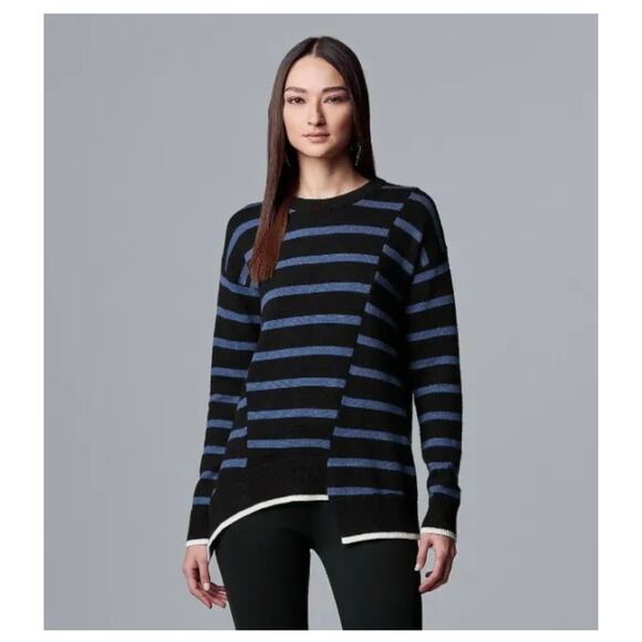 Simply Vera Wang Black Blue Striped Ribbed Asymmetrical Pullover Sweater Size S - Picture 1 of 10